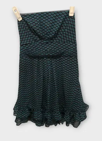 Yazbek Ya Black & Teal Owl Print Strapless Dress Ruffle Hem Silk Blend - Size M