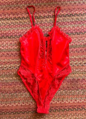 80s VINTAGE RED SATIN & LACE LINGERIE SEXY BODYSUIT Size M