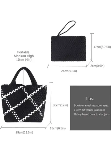 Ahdorned Black White Lily Woven Neoprene Large Tote With Pouch Purse Shoulder Bag