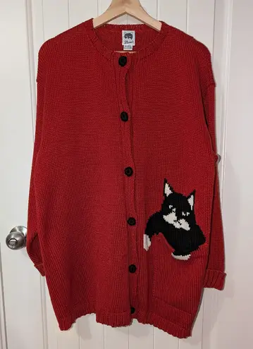 Vintage Mabel's Knit Pocket Cat Cardigan Red/Black Red Size undefined