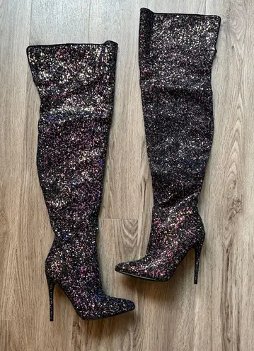 Pleaser Heels Pleaser Courtly 3015 Thigh High Heel Boots Black Glitter Size 6 NWOT