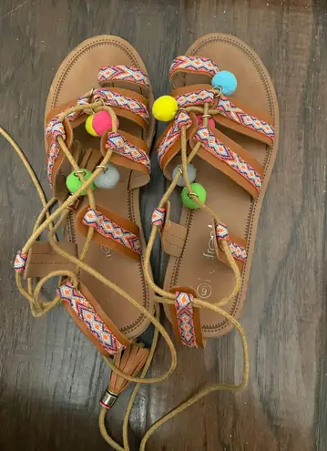 Refresh Pom Pom Lace Up Sandals