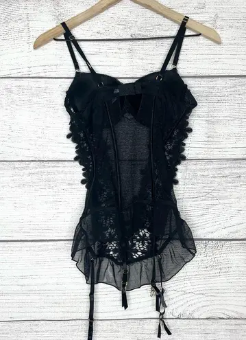 Sheer Black Lace Bustier Lingerie with Floral Appliqué and Garter Straps Size XL