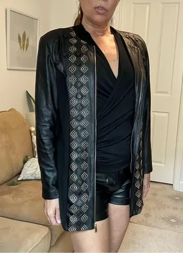 Peter Nygard black faux leather and knit embellished zipper jacket sz S