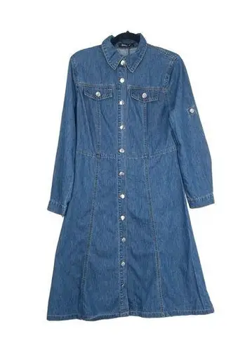 Allegra K Womens Blue Button Down Long Sleeve Collared Denim Shirt Dress Size XS