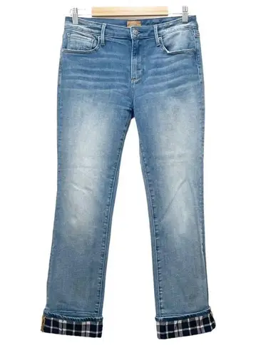 Driftwood Colette Straight Leg Boho Jeans Medium Wash Plaid Tartan Cuff Size 29