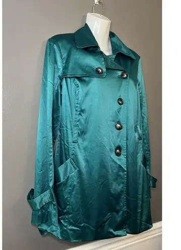 A Byer Coat Womens Medium Trench Jacket Button Front Pockets Satin Chic Classic