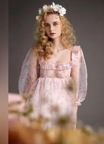 J.ING Jing Pink Floral Organza Dreamy Tunic Blouse Top Size Small NWT