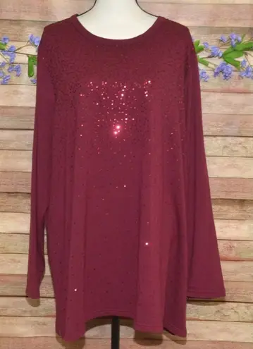 Quacker Factory Womens Plus 3X Maroon Sequin Tunic Thin Knit Shirt Party Holiday