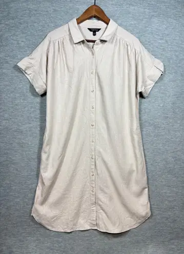 Well Worn Shirt Dress L Neutral Beige Button Front Linen Blend Lagenlook Casual