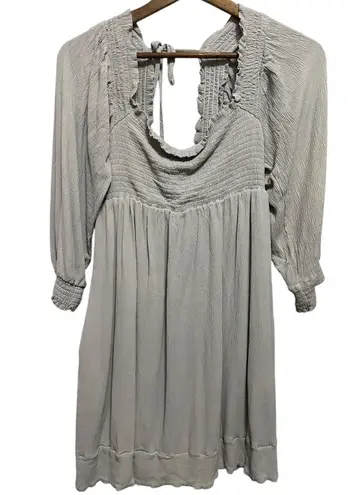 Listicle Gray Smocked Square Neck Tie Back Long Sleeve Mini Dress Women's Size S