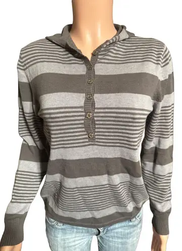 Long sleeve gray stripe half button Henley hoodie sweatshirt top M Size M