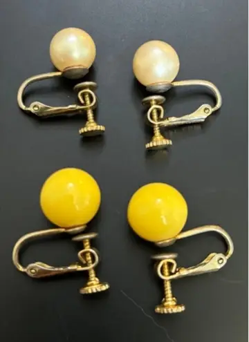 2 Vtg Clip On Screw Back Earrings Set Yellow & Faux Pearl Ball Design