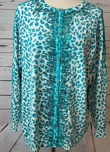 Quacker Factory Cardigan knit sweater leopard sequin Medium Rhinestone QVC