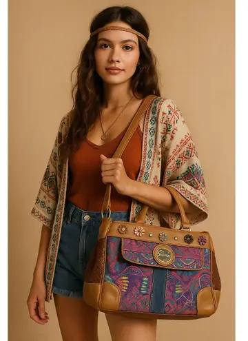Boho Chic Multicolor Tapestry Handbag Falami Floral Accent Shoulder Bag Brown