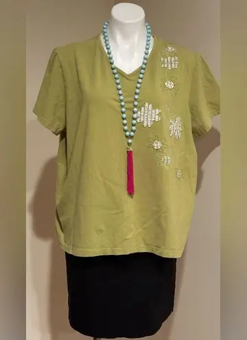 Susan Graver Light Green White Floral Embroidered Short Sleeve T-Shirt Sz. 2X.