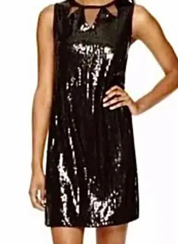 Olsenboye Black sequin short shift dress, medium sleeveless mesh cutout Little Black Dress