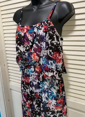 Xhilaration Floral Straps Chiffon Layered Lined Elastic Waist Maxi Dress Size S