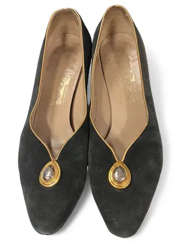 Salvatore Ferragamo Vintage Black Suede Block Kitten Heels size 8 B