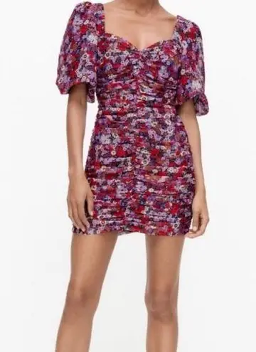 ZARA NWT Floral Print Mini Dress Ruched Size Small Red - $40 New With Tags  - From Den