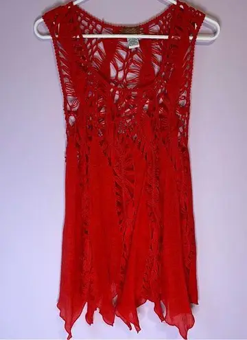 Spicy Red Open Knit Crochet Scoop Neck Rayon Tank Top Swim Cover Up Medium