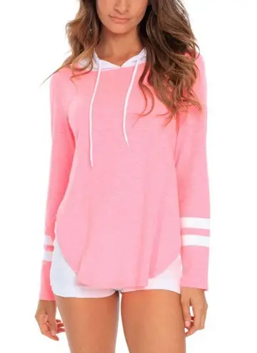Hot Miami Styles love this product Neon Pink & White Split-Hem Varsity Stripe Hoodie - Women