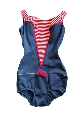 VTG 1960’s One Piece Knit Swimsuit Navy Red Sz 6/8 M Built in Bra Scoop Back Blue