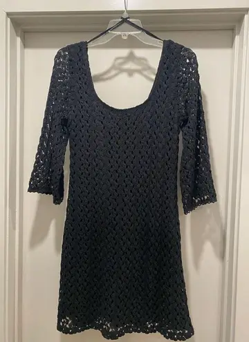 AUW Black Boho Bohemian Hippie Retro 1960s Crochet Lace Dress With Bell Sleeves