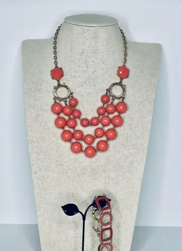 Statement Necklace Pink Coral Gold Tone, Earrings & 6 Gold Tone Bangle Bracelets Customer Jewelry Buy 3/$21