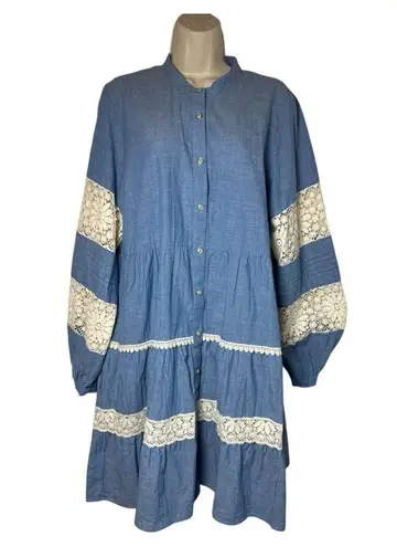 Johnny Was Laguna Pieced Blue Lace Trim Short Dress Large