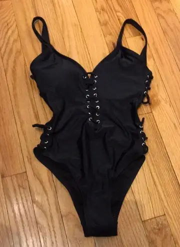 One Piece NWT Bikini  Lace Up Plunge Sides Open Low Back Bust Padded Tong V Deep Neck Backless Swimsuit Beach Summer Sexy rave goth corset cutouts sides Y2K Whimsgoth Whimsical Rave Goth