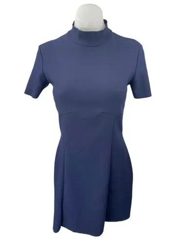 ZARA  Navy Blue Mock Neck Short Sleeve Stretch Pleated Mini Bodycon Dress Size S