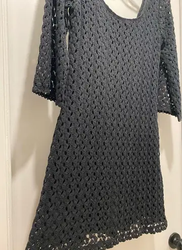 AUW Black Boho Bohemian Hippie Retro 1960s Crochet Lace Dress With Bell Sleeves