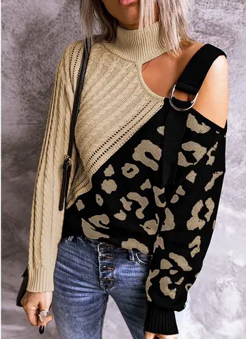 Long Sleeve Cold Shoulder Turtleneck Knit Pullover Sweater Leopard Khaki Black Multiple Size XXL