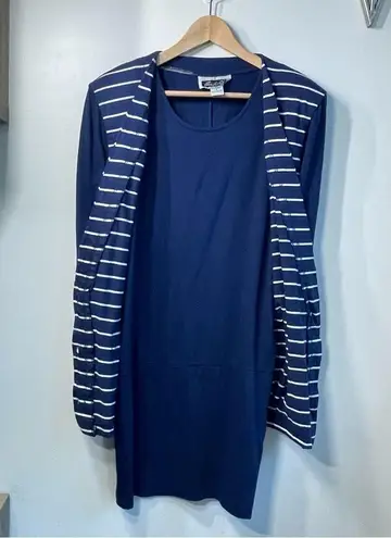 Women’s Vintage Sweater Dress Navy with Gold Buttons Striped sz Small Jenifer V Blue
