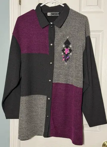 Vintage B Blast Pink Gray Black Button Up Sweater Grandma Core Embroirdered XL - Image 1