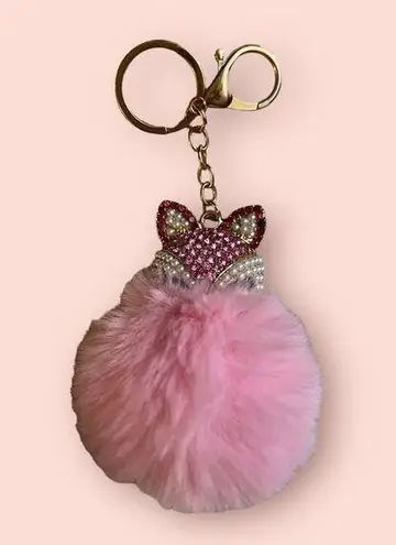 Rhinestone Pink Cat Pompom Key Ring Purse Charm