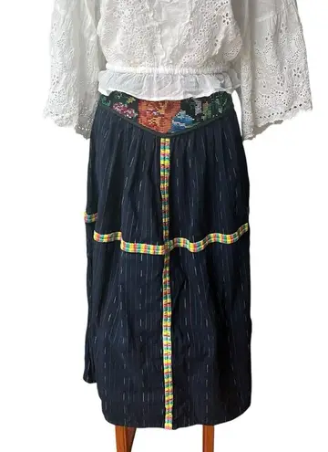 Unique Vintage Cotton Tapestry Waist Midi Skirt, Dark Navy