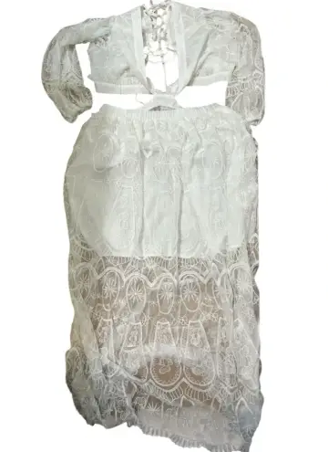 Women's White Cut out Lace Bubble Sleeve Lace Back Maxi Dress NWOT Size XL