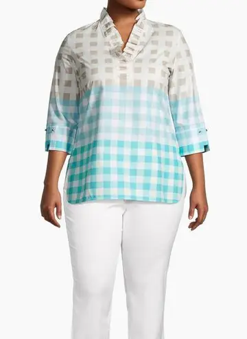 Ming Wang Top Womens 2XL Tan Blue Check Gingham Poplin 100% Cotton Tunic Ruffle