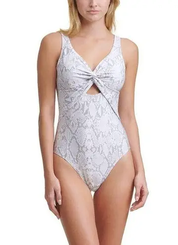 DKNY [] Snake Print White Gray Peek-A-Boo Twist Front One Piece Swimsuit NWT