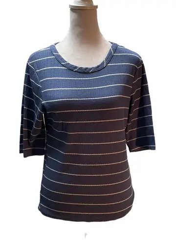 Olivia Rae Blue & White Striped Short Sleeve Round Neck Textured Women's Top XL