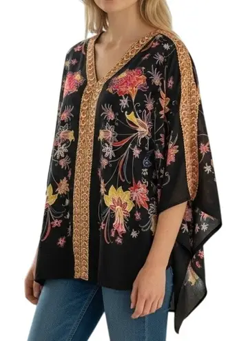 Rose + Olive Kimono Top Womens M Black Floral Dolman Relaxed Artisan Boho Chic Size M