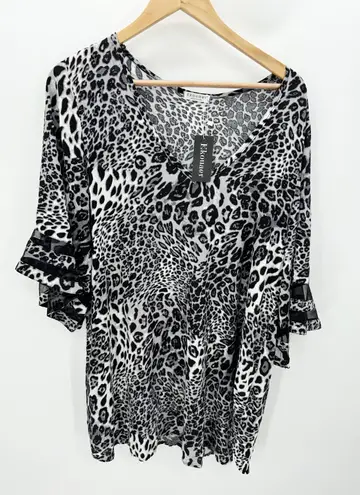 Ekouaer Black Grey Animal Print V Neck Swim Cover Up Top Women's Size Large NWT