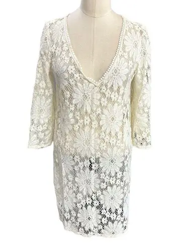 Topshop  White V neck sheer lace floral tunic top cover up Size small