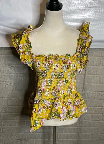 Jennifer And Grace Yellow Ruffle Sleeves Floral Smocked Peplum Top Size Large Yellow