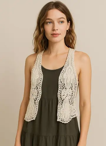 Swoon Cream Crochet Lace Vest 100% Cotton, Boho Festival Layering Piece S/M Size M