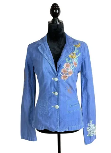Johnny Was Blue Floral Embroidered Jacket Button Small Boho Whimsy