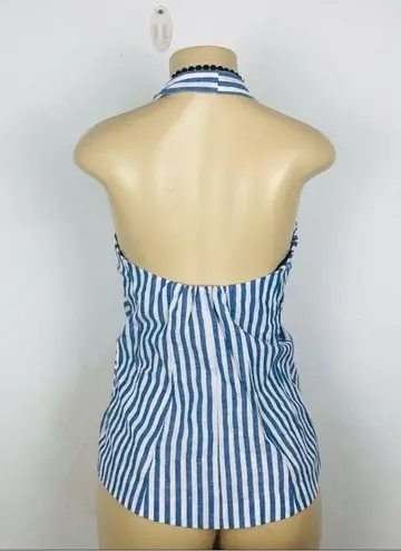 ZARA  blue white striped halter Pom Pom trim open back top S NEW WITH TAGS