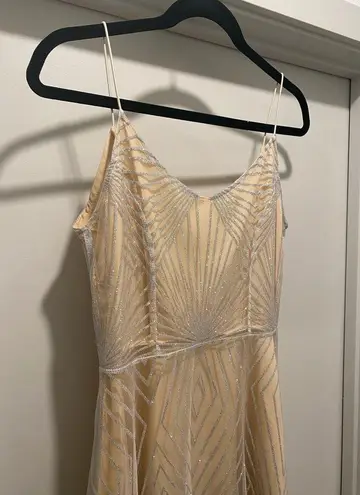 Beige Cream & Silver Glittery Art Deco Patterned Overlay Sleeveless Dress